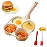 4-Hole Medical Stone Oblong Nonstick Omelette Pan - Silicone Nonstick Cookware, Ergonomic Cool-Touch Wooden Handle, Hanging Design, Less Oil, Wipeclean, 4-Zone Cooking, for Small Meals, Busy Parents