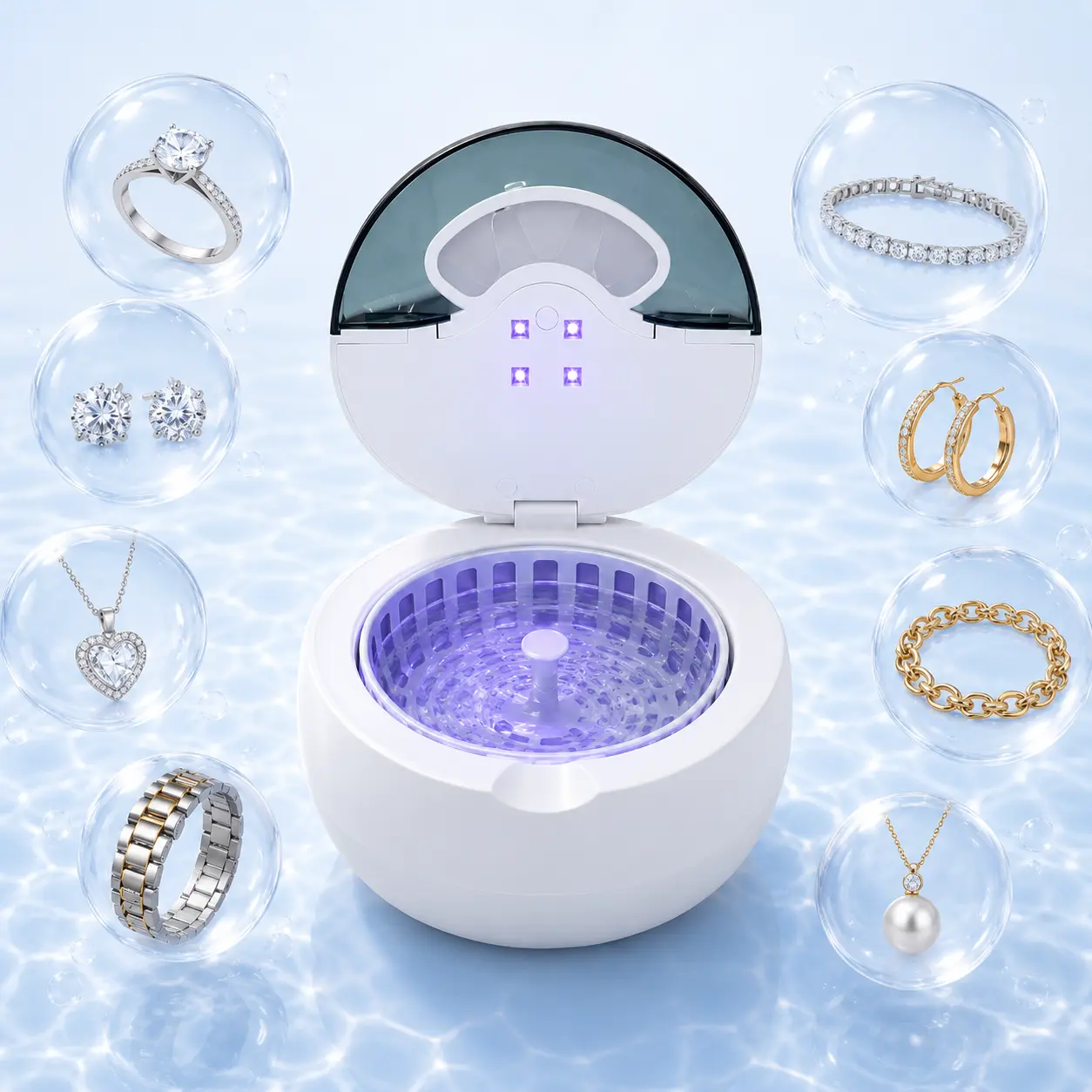 Stainless Steel Ultrasonic Jewelry Cleaner with UV-C Sterilization, 45kHz 200ML 4-Mode Cleansing Device - Gentle Daily Use for Rings, Earrings, Removes Odors