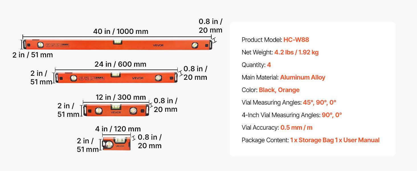 【toolupgrade】VEVOR Torpedo Type Level, 4-Piece 4/12/24/40 Inches Magnetic Leveler Tool Set, Aluminum Alloy with 3 Green Vials, Hanging Hole Box Beam for Construction Leveling Jobs on Metal Surfaces