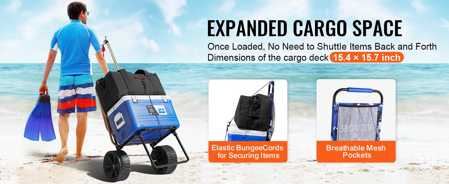 VEVOR Beach Dolly with Big Wheels for Sand,  15.4" x 15.7" Cargo Deck, w/ 10" PE Solid Wheels, 69LBS Loading Capacity Folding Sand Cart, Heavy Duty Cart for Picnic, Camping, Fishing, Beach, Gardening