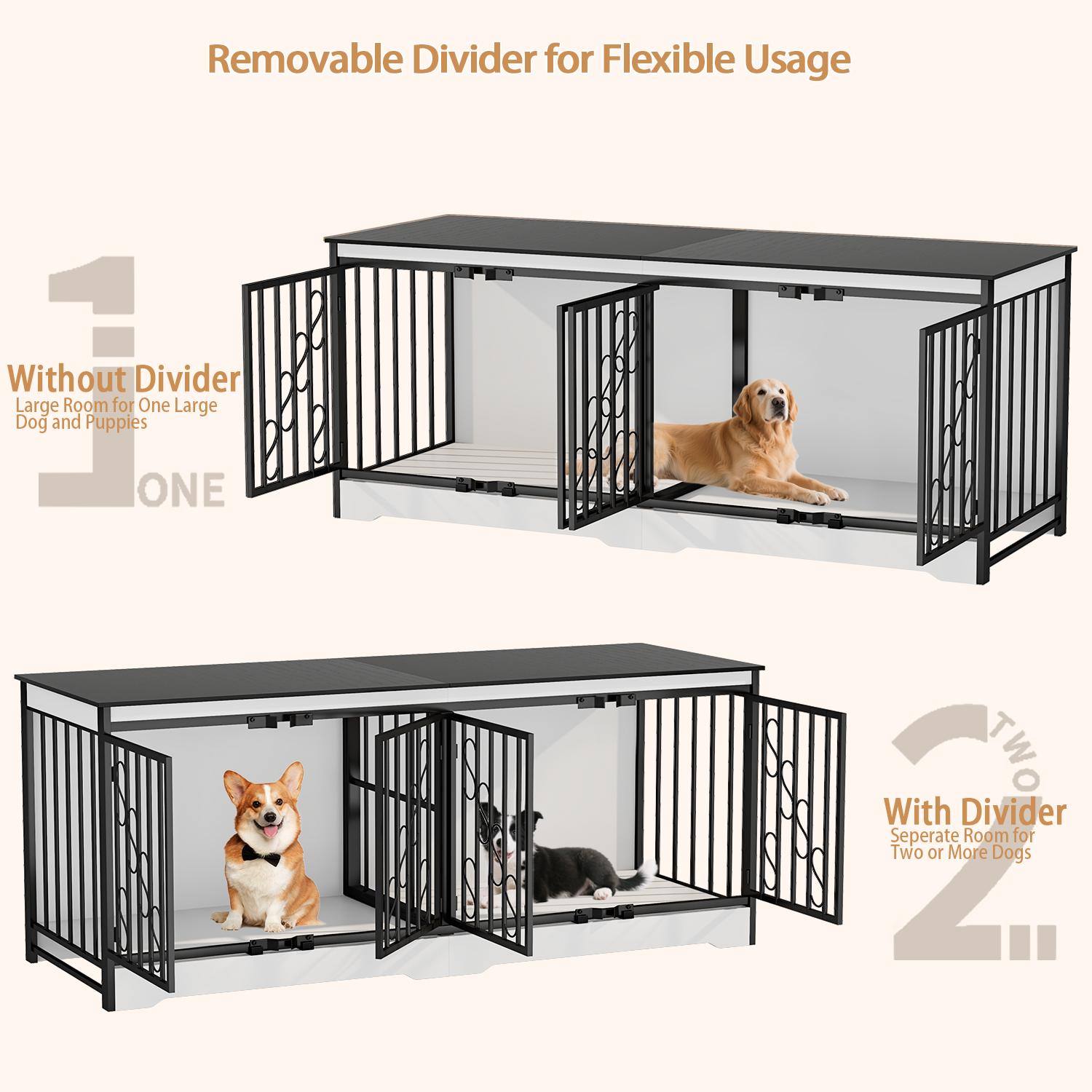 COZPAW 71"/78"/86" White Double Dog Crate Furniture for 2 Dogs, Heavy Duty Wooden Dog Kennel Furniture Indoor TV Stand, Modern Dog Crates for Large Medium Small Dogs with Divider