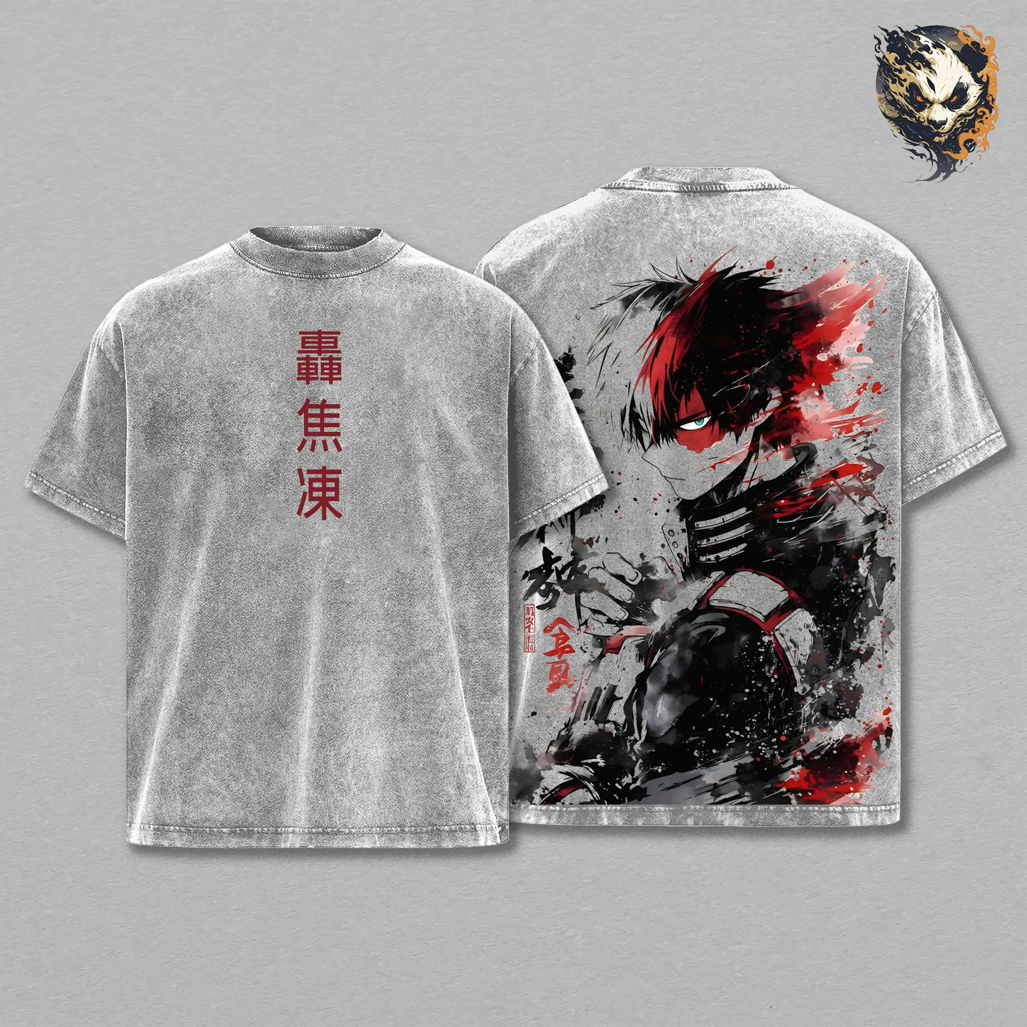 Todoroki Shouto My Hero Academia The Movie Tee Washed – Half Cold Half Hot Vintage Washed Oversized Heavy Cotton Unisex Anime Manga T-Shirt, Double Printed Retro Streetwear Top Gift for Hero Fans