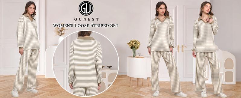 GUNEST Women's 2-Piece Sweater Suit Set Loose Fit V-Neck Knit Top & Wide-Leg Trouser Pants Casual Striped Clothes for Everyday Wear Longsleeves Gamis