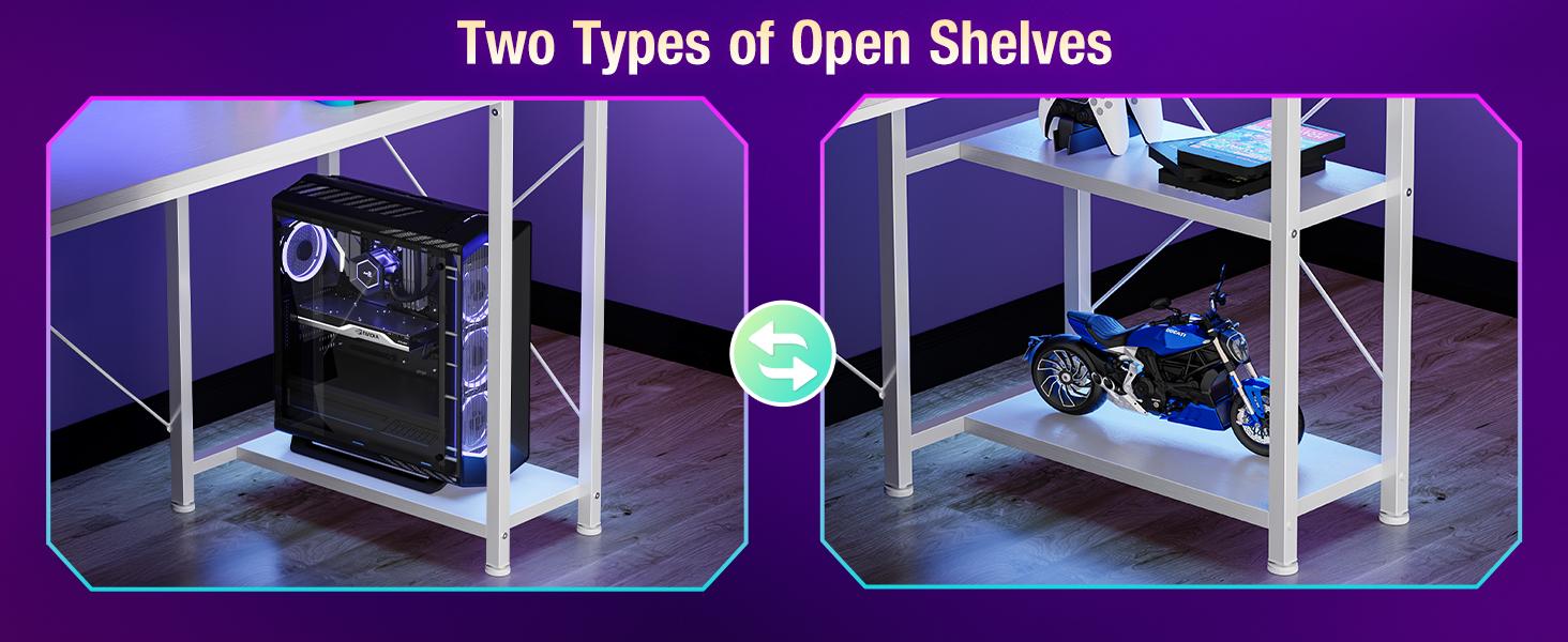 48 inch Gaming Desk with LED Lights & Power Outlets, Computer Desk with Monitor Stand & Storage Shelves, CPU Stand, Home Office Desk