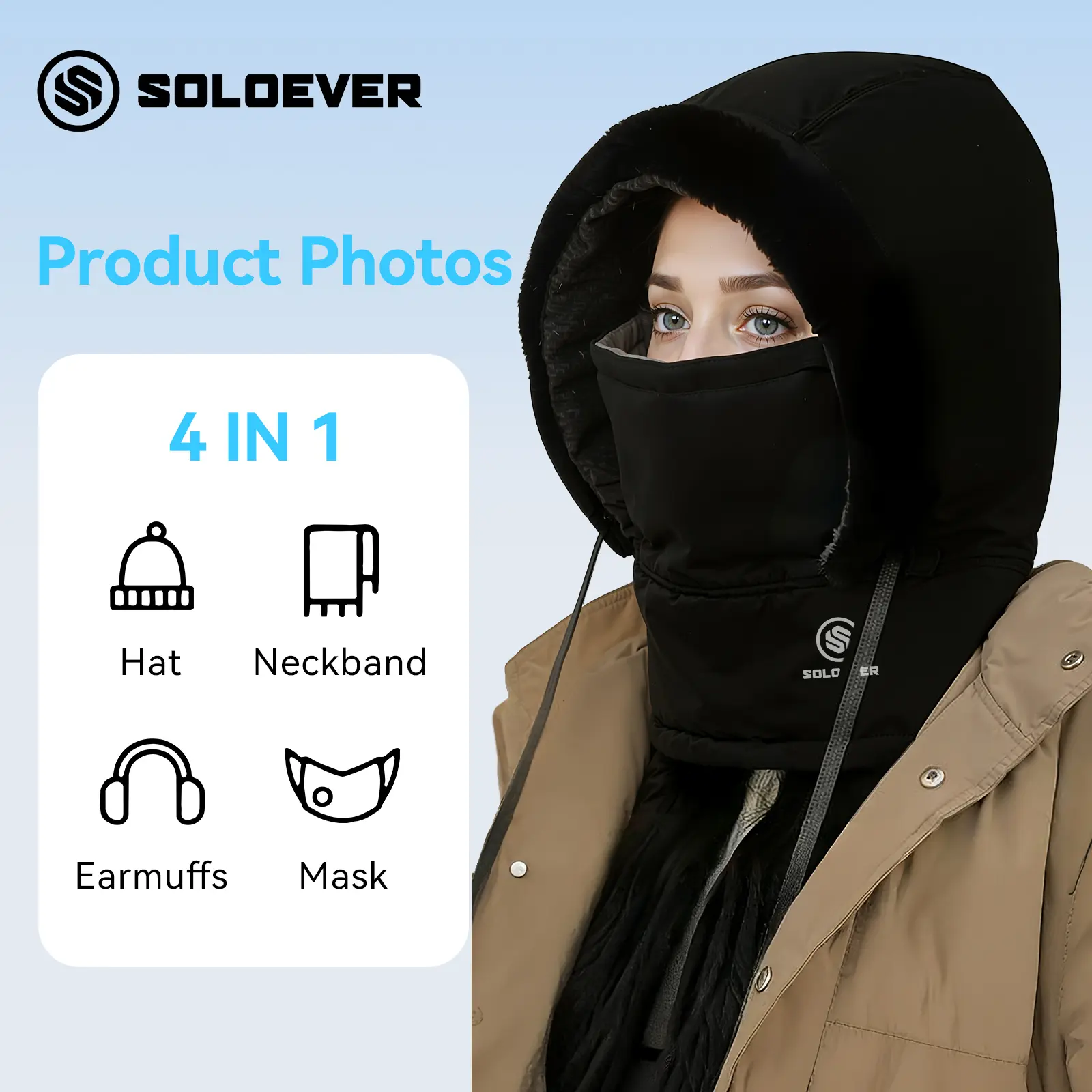 SOLOEVER 3-in-1 Insulated Plush Balaclava Windproof Waterproof Winter Adjustable Hat, Unisex Design, Perfect for Skiing, Cycling, Hiking, and Outdoor Activities, Providing Full Head Protection and Warmth, an Ideal Winter Outdoor Essential