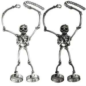 2pcs Gothic Punk Skeleton Hand Chain Ring – Adjustable Skull & Bone Charms with Heart Eyes & Bow Detail, Bold Statement Jewelry for Women, Suitable for Daily Outfits, Costume Parties, Alternative Fashion Events