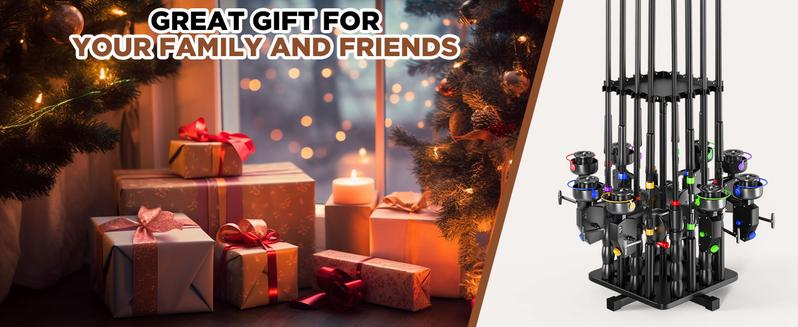 Carbon Steel 360° Rotating Fishing Rod Holder for Garage Holds 16 Rods Easy Install Space Saving Sturdy Rack Organizer for Men Black Bracket Shelf