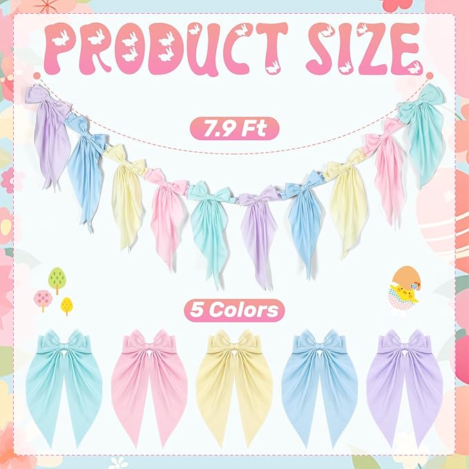 Easter Bow Garland Pastel Fluffy Tulle Satin Bow Banner Bunny Ear Plaid Pink Bow Garland Cute Hanging Wreath Garland for Mantle Fireplace Wall Door Mantel Decor, Spring Indoor Outdoor Home Table Backdrop Easter Decor 2026 Festive Party Supplies & Gifts