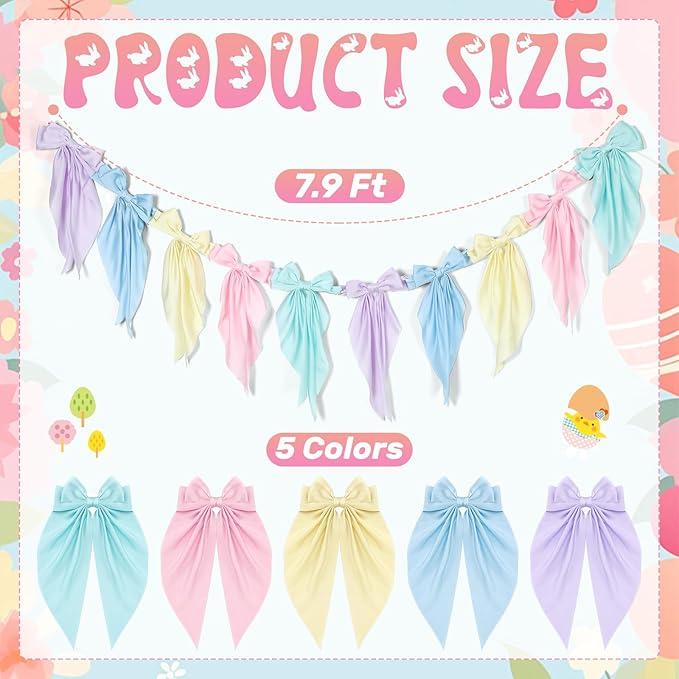 Easter Bow Garland Pastel Fluffy Tulle Satin Bow Banner Bunny Ear Plaid Pink Bow Garland Cute Hanging Wreath Garland for Mantle Fireplace Wall Door Mantel Decor, Spring Indoor Outdoor Home Table Backdrop Easter Decor 2026 Festive Party Supplies & Gifts