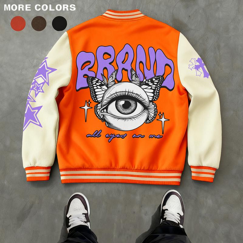 Men's Baseball Jacket Polyester Durable Wind-Resistant Orange & Apricot Colorblock Money, BOY, Rabbit, "$" Graphic Varsity Coat Y2K Vintage Retro Classic Old-School Casual Sports SWAG Streetwear Light Fleece-Lined Winter Jacket Trendy Gift for Boyfriend