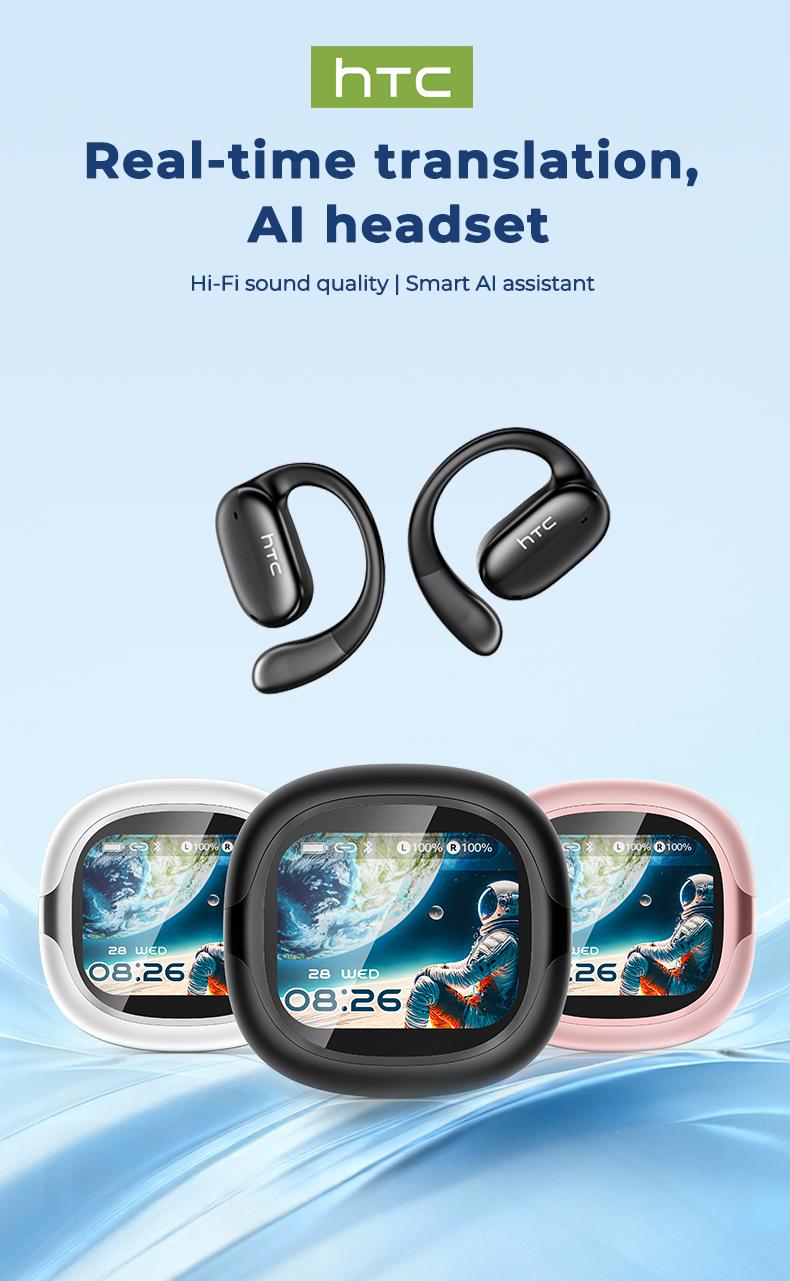 HTC NE58 OWS Translation Bluetooth Earphones with LED Multifunctional Touch Screen, Bluetooth 6.0, Real-time translation in 134 languages, HD calls. Suitable for gaming, sports, music, travel, meetings, and learning.