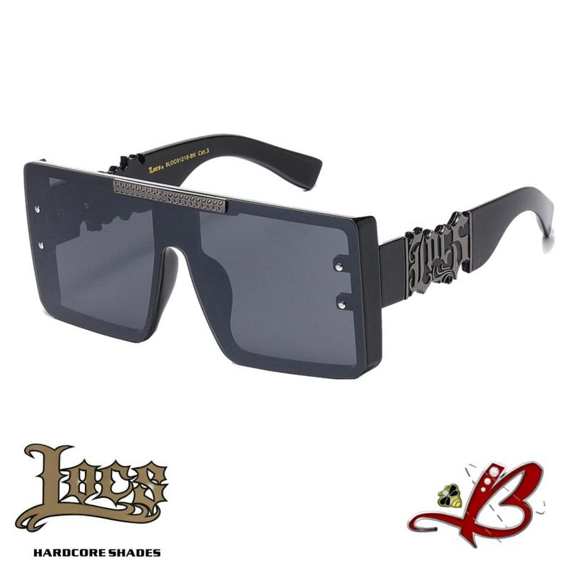 Locs BullDozer Large Oversized Flat-Top Shield Style Big Cutout Logo Chrome Black or Gold Accent Black Glossy Hardcore Shades Hip Hop Rapper Sunglasses OG Gangsta Look | Authentic Original Genuine Locs