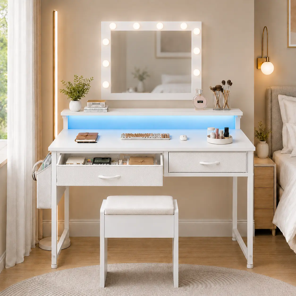【Deals for you Days】No mirror 47'' Desk with LED in Dorm & Apartment, Low-cost DIY vanity makeover, Computer desk with 2 Storage Drawers & Side Pocket, Home Office Desk with Ergonomic Monitor Stand,Writing Table & Study Desk for Kids,Women's Bedroom Decor