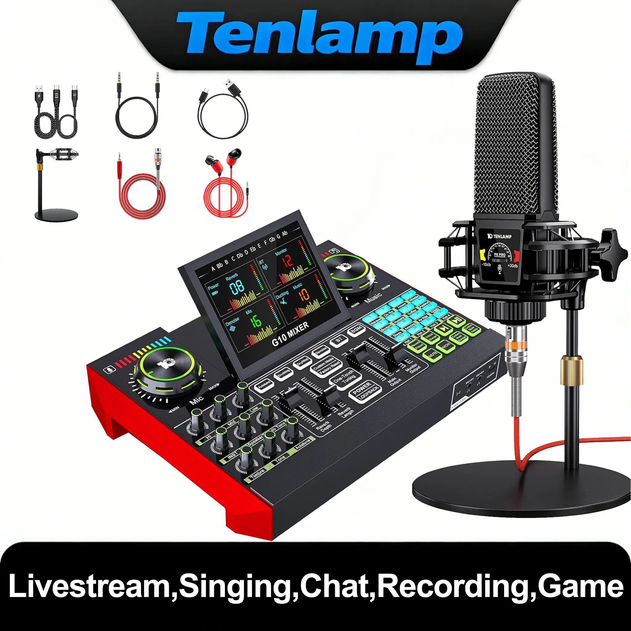 Tenlamp G10-PKPRO Professional Audio Equipment - Live & USB Audio Mixer Set, DJ Controller for Singing Enthusiasts, Podcast Recording Voice Changer, Smartphone/Computer Live Stream Sound Card, XLR/3.5mm/6.5mm Microphone Compatible, Manufacturer Warranty s