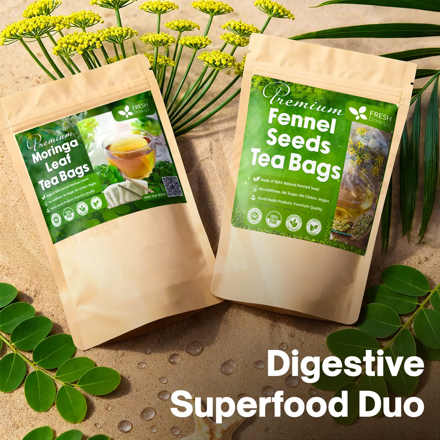 【FreshDrinkUS】 Digestive Superfood Duo, Fennel Seed & Moringa Leaf Herbal Tea Bags, 100% Natural & Pure Seeds and Leaves, Biodegradable Tea Bags, No Sugar, No Caffeine, No Gluten, Vegan – Herbal Beverage