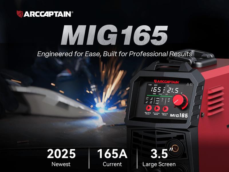 Arccaptain MIG165A MIG Welder 110V/220V, 2025 Newest [Large LED Display] 4 in 1 Gasless/Gas MIG/Lift TIG/Stick Welding Machine Multiprocess Welder Machine, IGBT Inverter Welder with Synergy, 2T/4T, Black Friday Deals, Chrsitmas Gift for Man and Dad