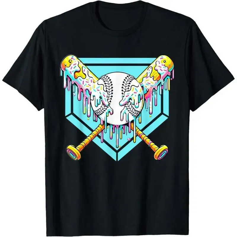 Unisex Baseball Donut Ice Cream Graphic T-Shirt Y2K Drippy Sweet Sports Design Soft Cotton Short Sleeve Crew Neck Top Casual Streetwear Tee For Baseball Fans & Food Lovers