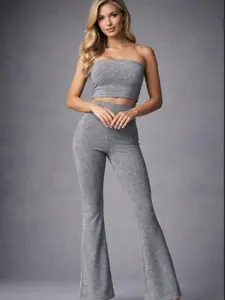 Strapless Top and Flared Pants Shiny Set in Silver & Gold Colors for Stylish Outfits