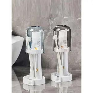 New toothbrush holder with dust cover Toothbrush cup holder with drainage and storage functions, suitable for home use Multifunctional dental tool rack, multifunctional plastic toothbrush and toothpaste holder set, floor-standing design, with dust cover a
