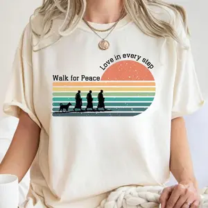 Walk for Peace Tee - Pigment-Dyed Vintage Shirt with Love in Every Step, Monks and Dog Design, Spiritual Yoga Gift, Personalized Meditation Unisex Tee, Soft Cotton Relaxed Fit, Faded Oversized Heavyweight for Everyday Casual Wear