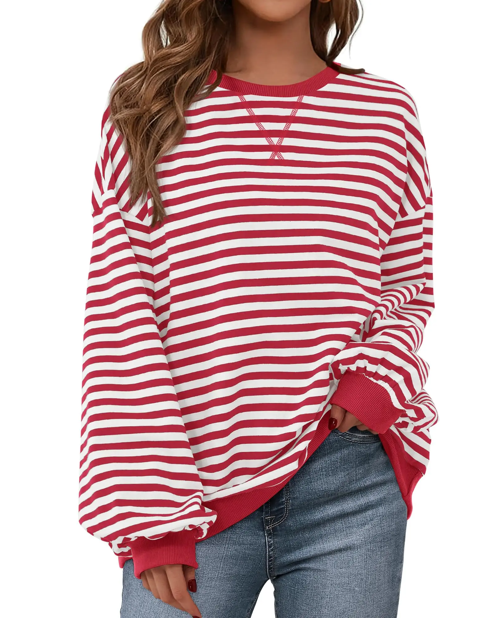 BTFBM Women's Striped Hoodie Sweatshirt with Long Lantern Sleeves for Fall 2026 - Womenswear