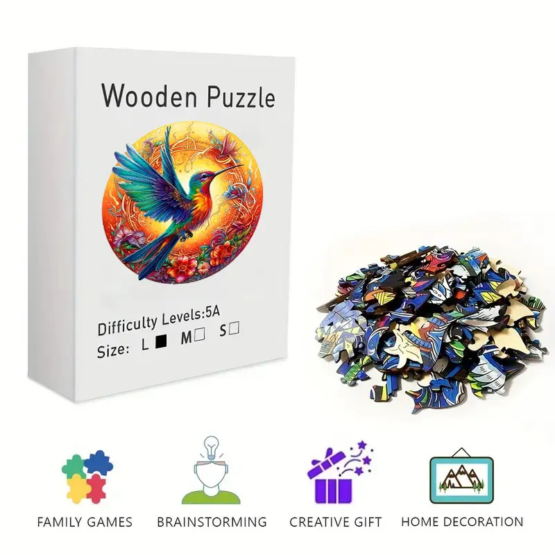 Magical Hummingbird & Flower Wooden Irregular Puzzle, Challenging Brain Teaser Jigsaw Puzzle with Intricate Details, Premium Wood Craft Puzzle as a Perfect Gift for Bird Lovers