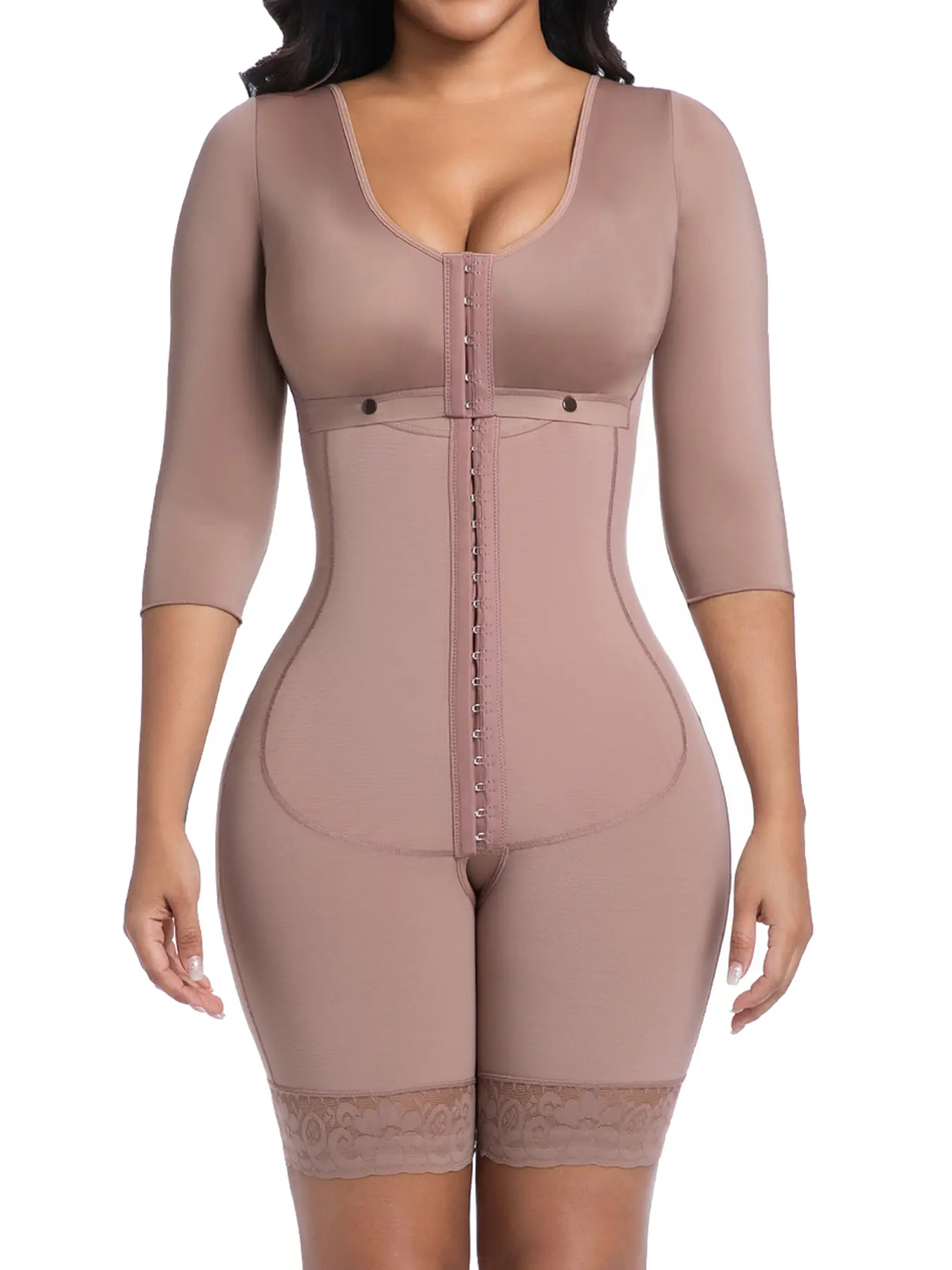 Women's Three-Quarter Sleeve Soft Knit Fabric Round Neck Compression Body Shapewear Bodysuit, Compression Body Shaping, Front-Button Design with Dual Buckle Closure, Strong Waist-Cinching Effect, Fall and Winter Essential