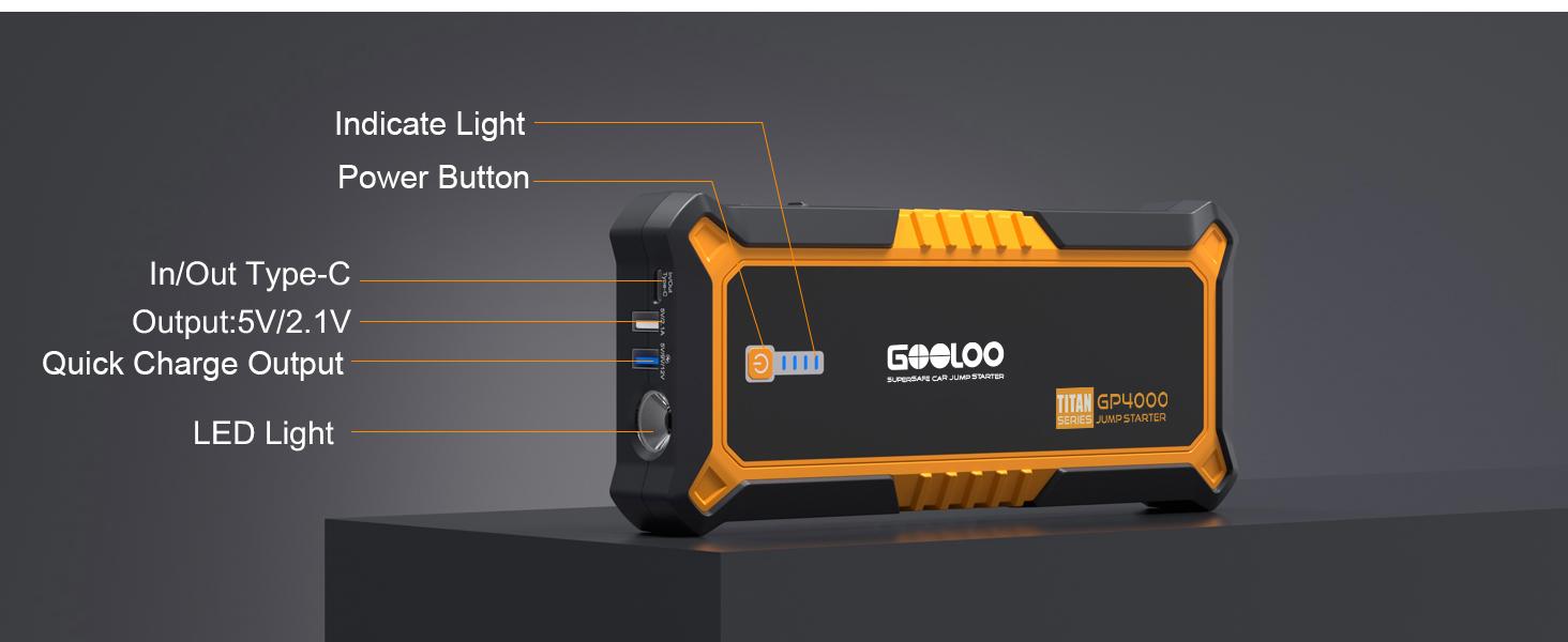 GOOLOO GP4000 4000A Car Jump Starter  Peak Current, SuperSafe 12V Lithium, Portable with USB Quick Charge
