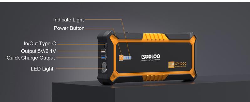 GOOLOO GP4000 4000A Car Jump Starter Peak Current, SuperSafe 12V Lithium, Portable with USB Quick Charge GOOLOO GP4000 4000A Car Jump Starter Peak Current, SuperSafe 12V Lithium, Portable with USB Quick Charge