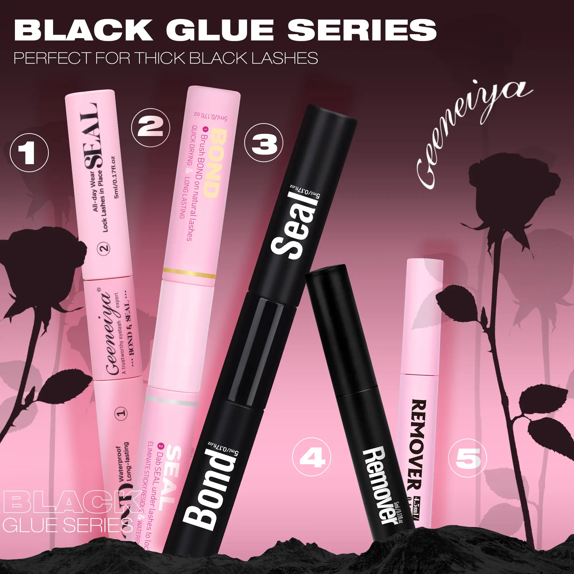 Geeneiya Black Lash Bond & Seal & Professional Remover for Lash Clusters, Long-lasting, Gentle Formula, Waterproof, Mascara Cosmetic Makeup Removal #backtoschool #sohochic