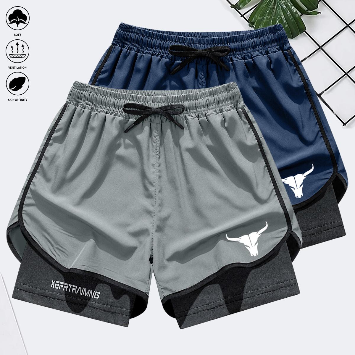 Men's two-in-one letter and bull head print double-layer drawstring waist sports shorts, quick-dry sports shorts, designed for sports, suitable for fitness and marathon training, featuring a double-layer lining. Elastic Drawstring Jogger Shorts