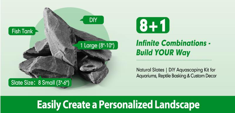 Natural Slate Stone Rocks with Special Liquid Glue, Mix of Rocks 3-6 inches and 1 Piece 8-10 inches, PH Neutral Stone for Aquascaping Aquariums, Paludariums, Reptile Enclosures (4.1 - 4.6 lbs)