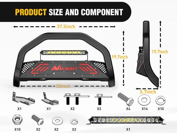 Nilight Bull Bar with Light fits 2019-2024 Chevy Silverado 1500(Excl. 19 LTD Classic) & GMC Sierra 1500(Excl. 19 LTD Classic) Front Bumper Grille Brush Push Guard with Skid Plate Licence Plate Hole
