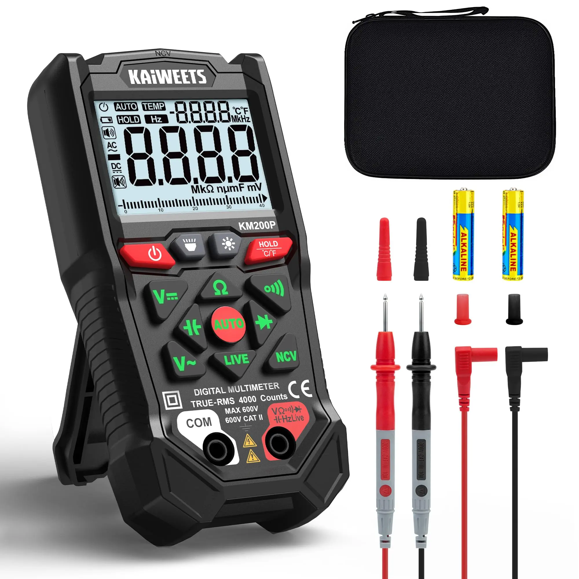 KAIWEETS KM200P Dual Mode Digital Multimeter, All Button Operation | TRMS Smart Auto Ranging, 4000 Counts, NCV, Voltmeter Ohmmeter, Fast & Accurate Measure AC/DC Voltage, Resistance, Continuity, Capacitance, Fahrenheit, Powerful light, meter