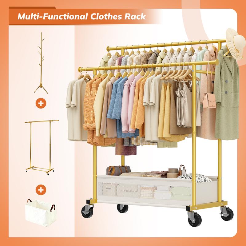 Raybee Double Hanging Rod Clothes Rack with Net Pockets, 3 in 1 Metal Clothing Rack with Wheels, Portable Rolling Garment Rack, Closet Rack for Bedroom, Apartment, Laundry Room, Bantique, Gold, Black, White