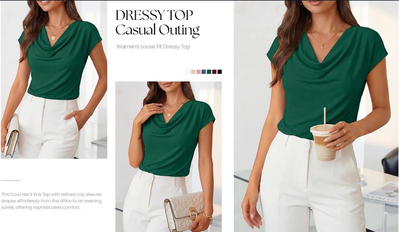 ZESICA Women's Summer Short Sleeve Business Casual Tops 2026 Cowl Neck Knit Shirts Spring Work Dressy Blouses