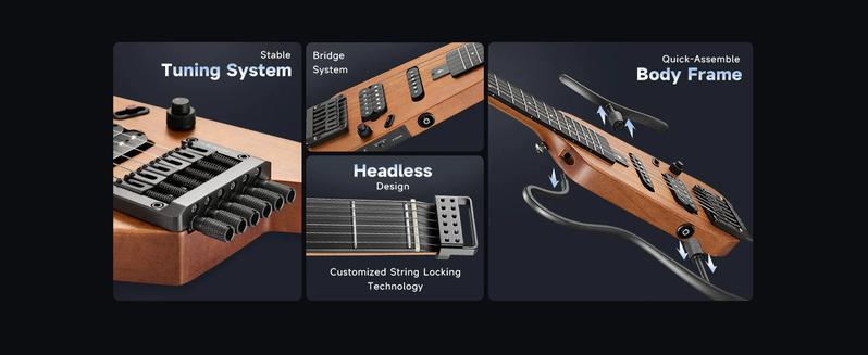 Donner HUSH-X Electric Guitar Kit - Featherlight Headless Guitar, Great for Travel and Practice, Mahogany Solid Body with Easy Assemble Stands, Gig Bag, All Accessories, Natural