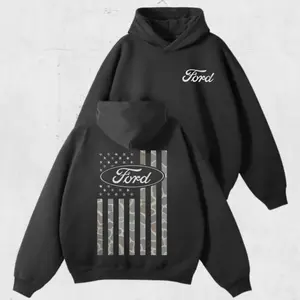 Ford Camo Flag Hoodie – Vintage Patriotic USA Flag Graphic Sweatshirt, Patriotic Camouflage Pullover for Classic Ford Truck Fans, Unisex American Auto Streetwear