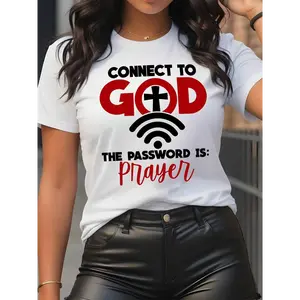 Women's Letter & Cross Print Round Neck Tee, Casual Short Sleeve Crew Neck T-shirt for Summer, Fashion Women's Top for Daily Wear,  T Shirts for Women