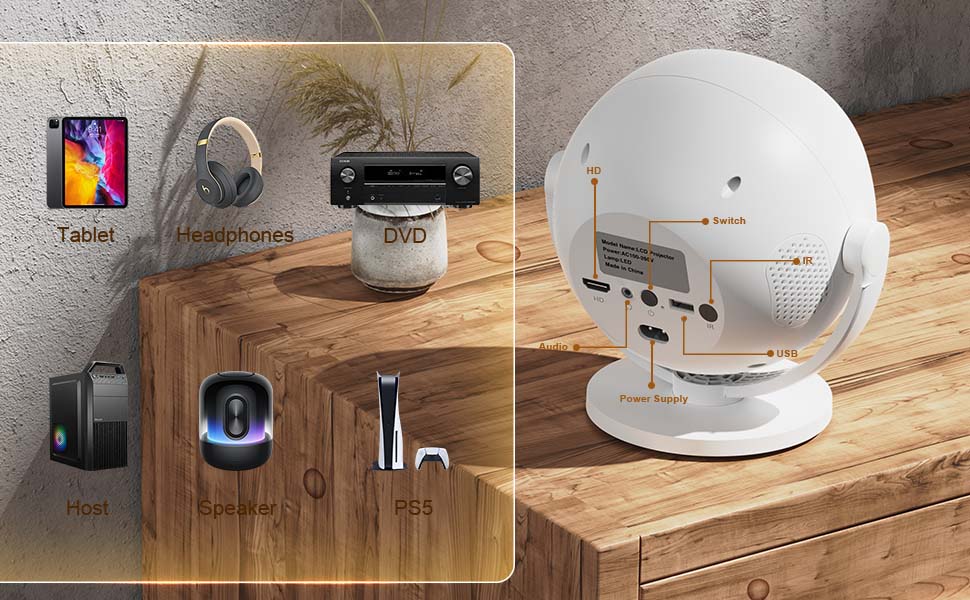 XBJ Portable Projector 360° Projection 2.4/5G WiFi 360° HDDual Band Wireless 6+ BT6.0 LED 200 Inch Screen Built-in Speaker 1080P Full HD Auto Keystone Electric Focus for HomeCinema Outdoor Use Great Gift