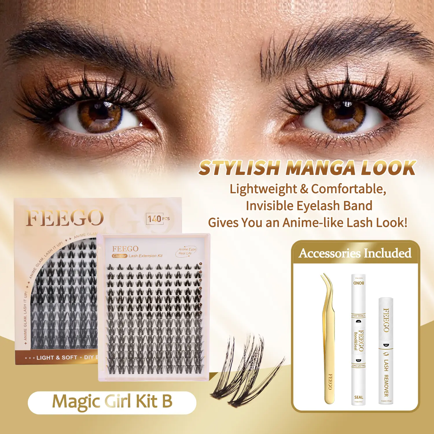 FEEGO DIY Lash Extension Magic Series Kit 140 Pcs Lash Clusters Kit Individual Lashes 8-18mm Eyelash Extension Kit with Lash Bond and Seal Glue Tweezers