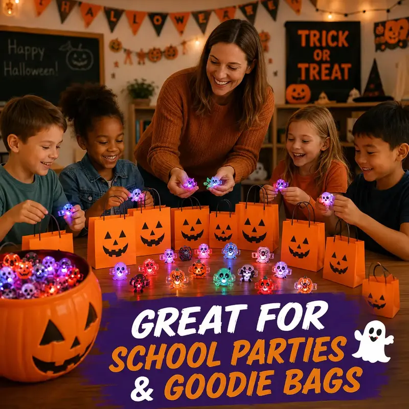 50pcs Glow Flashing LED Halloween Rings with LED Lights, Child Festive Party Favors, Halloween Goody Bag Basket Stuffers Fillers