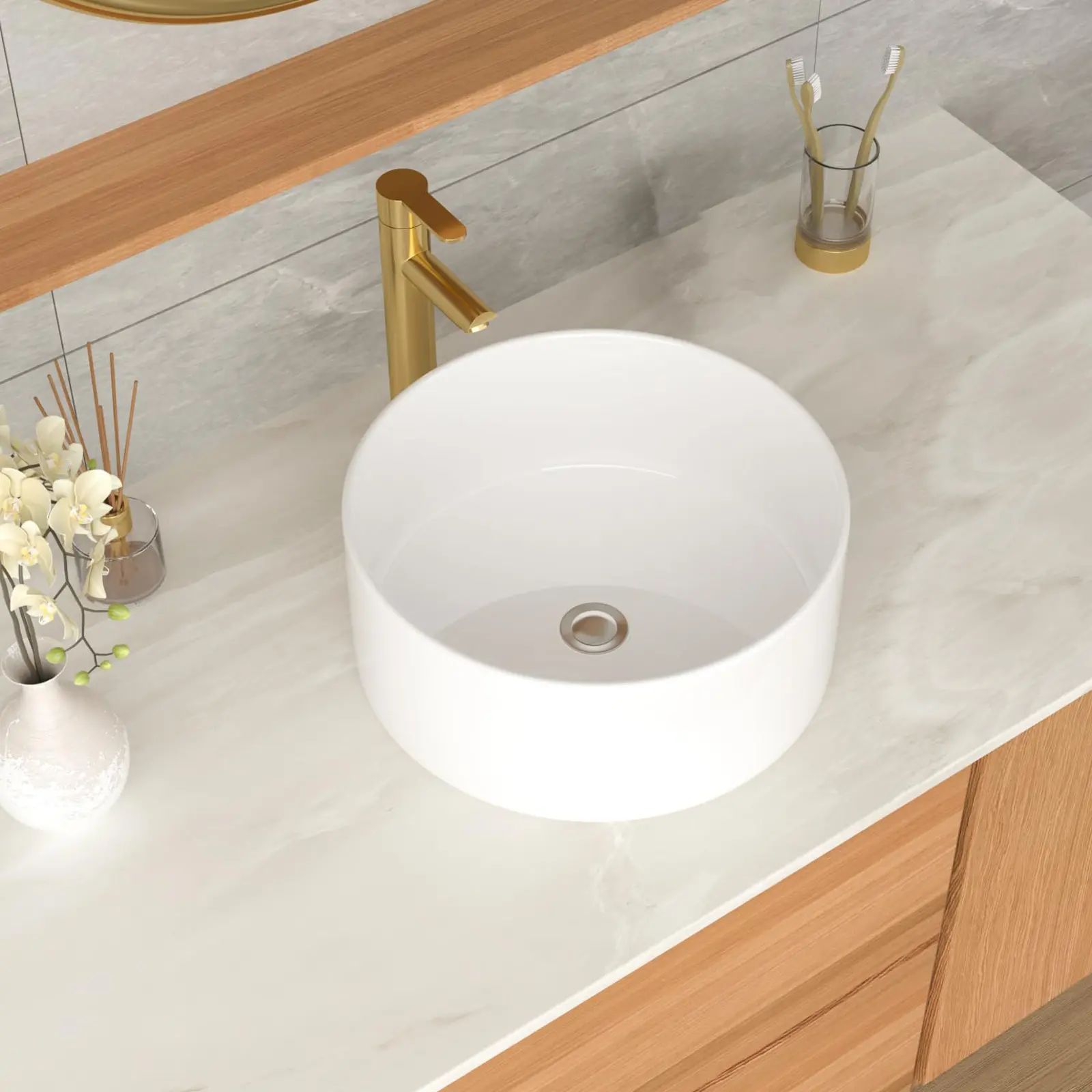 Round White Ceramic Above-Counter Bathroom Sink - Modern Easy-Clean Washing Basin for Residential Indoor Use