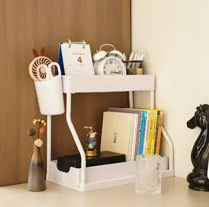 2-Tier Drawer Type Kitchen Storage Rack R-Shaped Organizer for Spices Bathroom Countertop Shelf with 4 Free Hooks Hollow Ventilated Design for Household Use