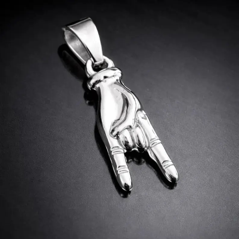 Mano Cornuto Charm, Horned Hand Pendant, Rock N Roll Hand Necklace, Stainless Steel, Good Luck Italian Amulet, Tarnish-Free, Waterproof