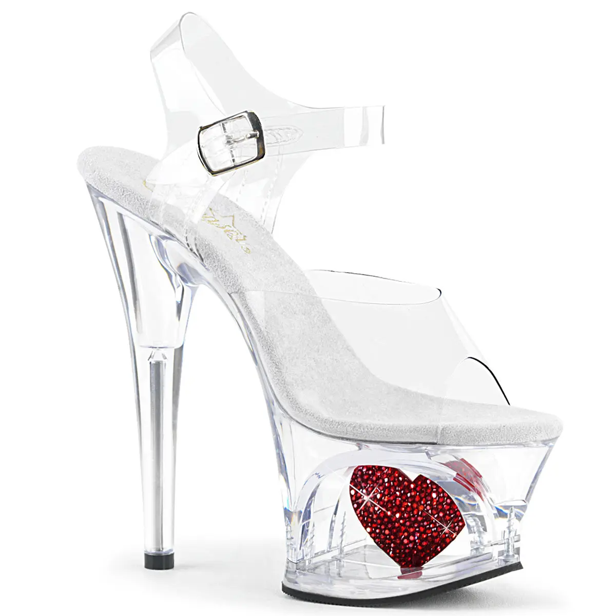 Women's Ankle Strap Platform Sandals, Elegant 7" High Heels with a Cut-Out Sole and Stylish Rhinestone Heart Accent