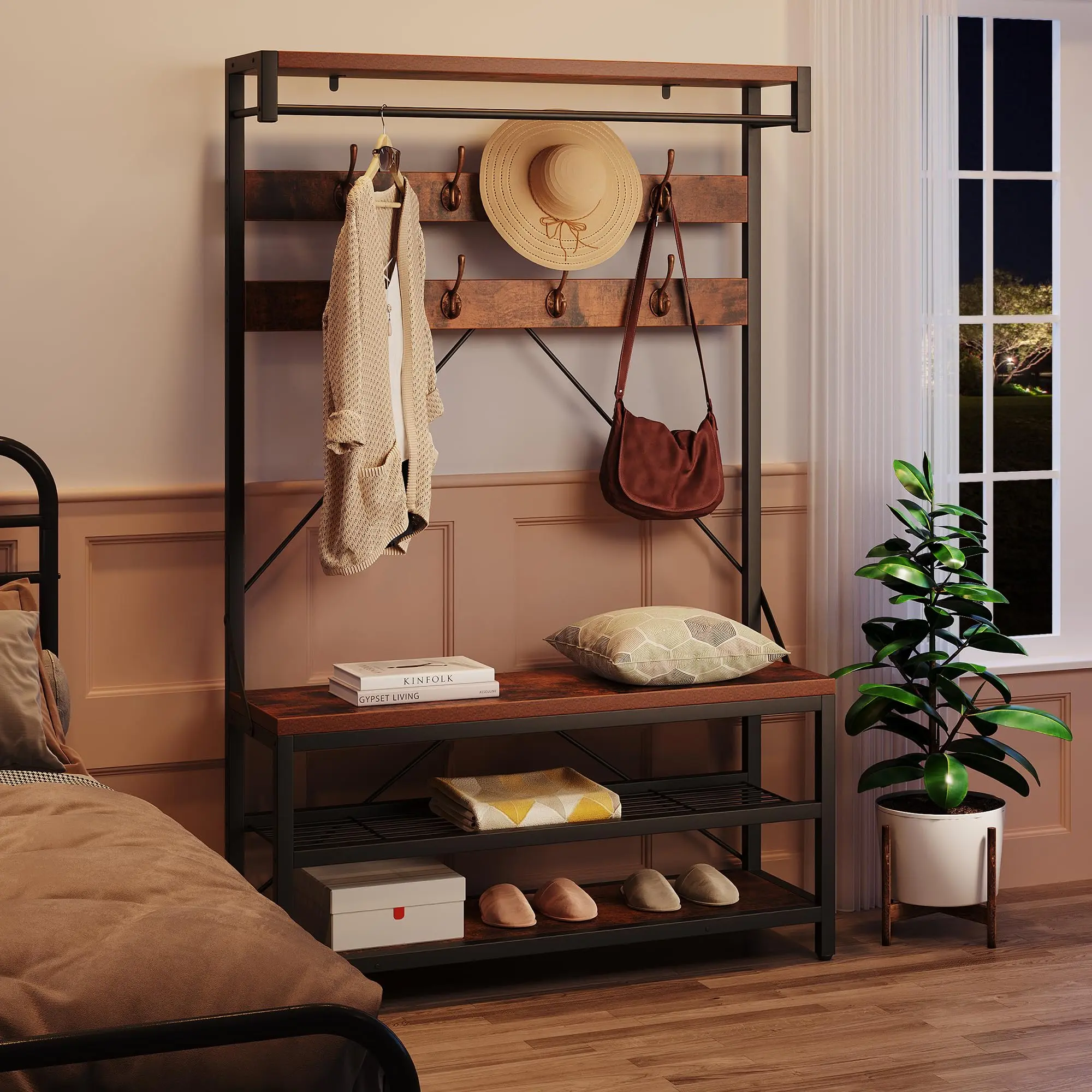 Hall Tree Storage Bench Farmhouse Coat Rack Shoe Bench Entryway Large Shoe Rack with Storage,Rustic Brown