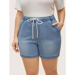 BLOOMCHIC Plus Size Light Wash Elastic Waist Drawstring Denim Shorts [M-6X] 2026 Summer Vibes Swimweek