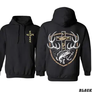 Camo Cross Hoodie – Hunting Fishing Faith Graphic Sweatshirt – Christian Outdoor Lifestyle Hoodie with Antlers and Fish Design for Men Women