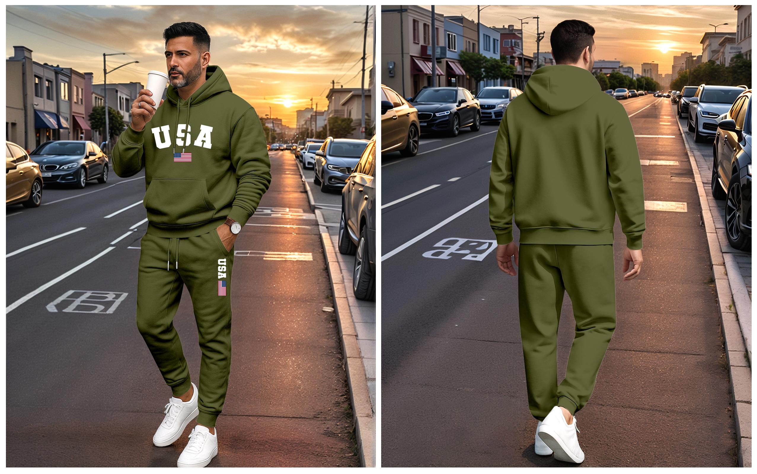 Men's USA Letter Printed Hoodie & Drawstring Sweatpants Set Casual Athletic Long Sleeve Hooded Jacket & Trousers for Fall Winter Spring Autumn 100% Polyester Tracksuit Athleisure